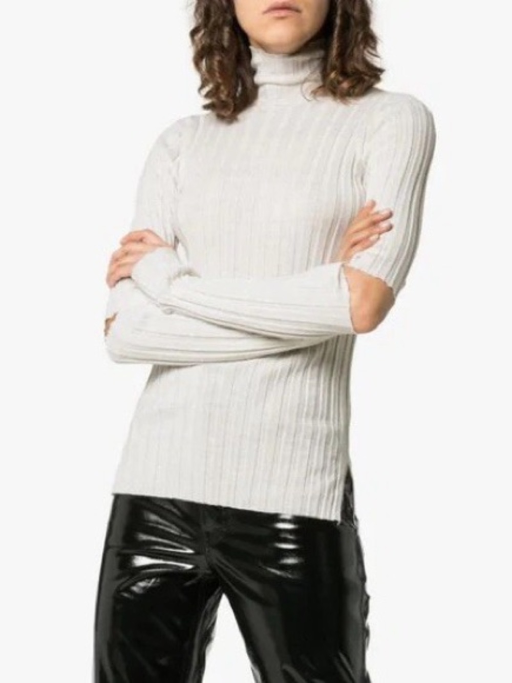 Helmut Lang Slash Rib Turtleneck Size S Ivory Wool Elbow Cutout